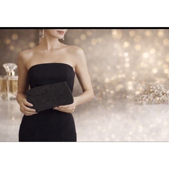 Hato Hasi Black Beaded Vintage Japan Satin Lined Clutch Evening Formal Purse EUC